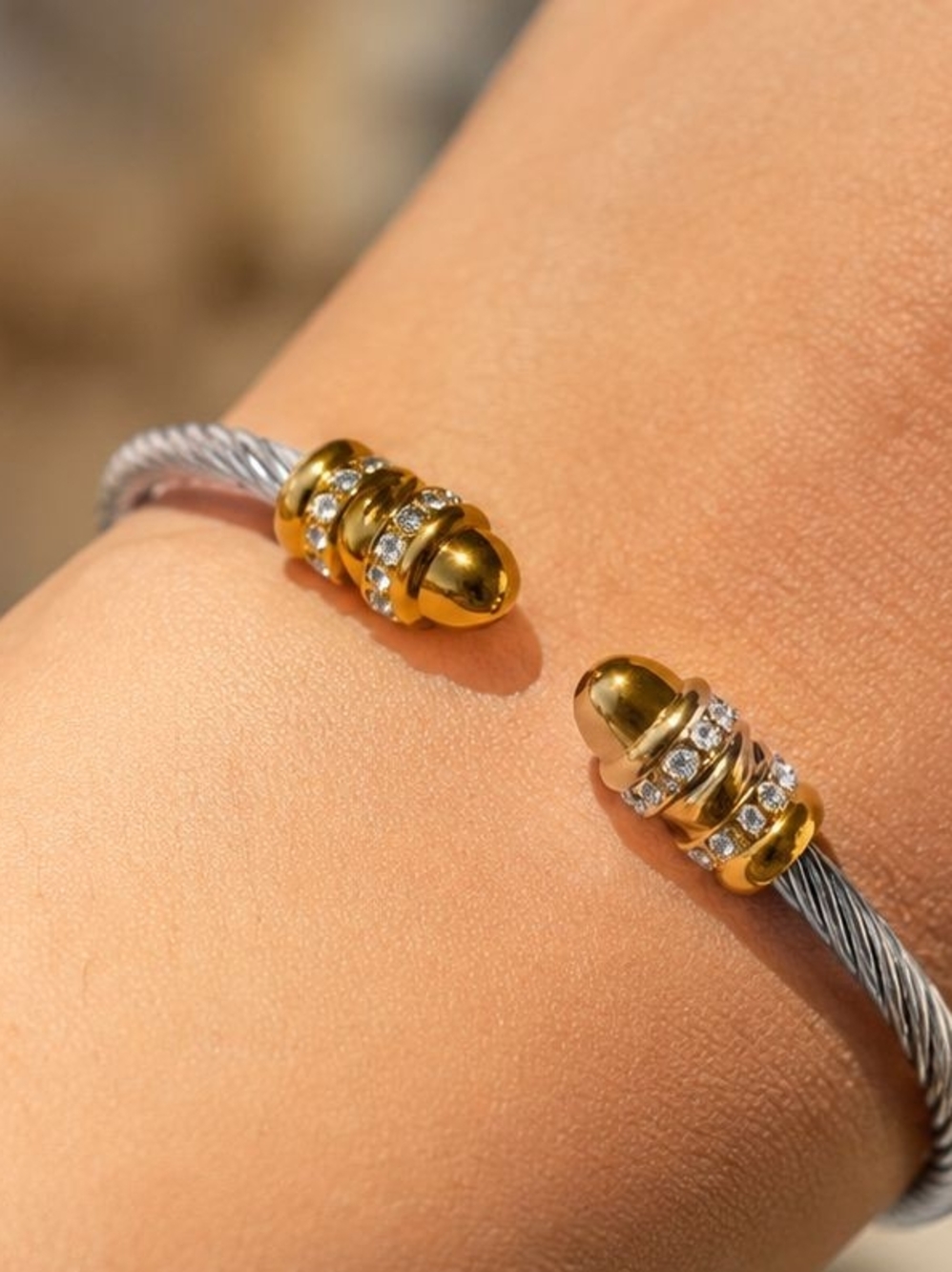Two-Tone Cable Cuff with Gold Crystal Caps - Picture 2 of 3
